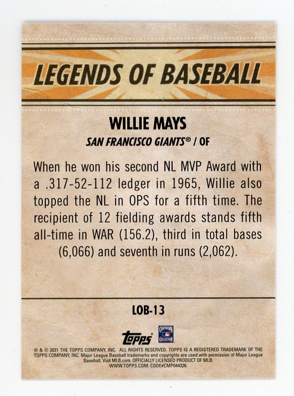 2021 Willie Mays Legends Of Baseball Topps San Francisco Giants # LOB-13