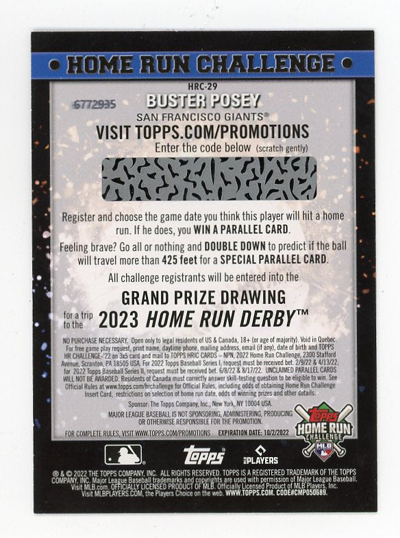 2022 Buster Posey Home Run Challenge Topps San Francisco Giants # HRC-29