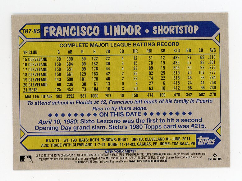 2022 Francisco Lindor 35TH Anniversary Topps New York Mets # T87-85