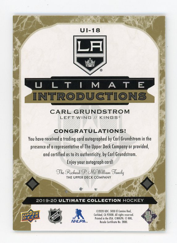 2019-2020 Carl Grundstrom Ultimate Introductions Auto Ultimate Los Angeles Kings # UI-18