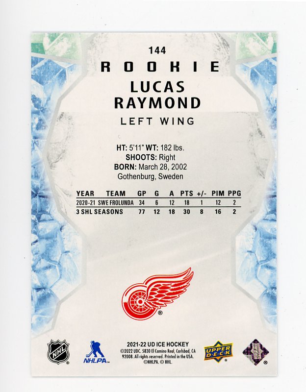 2021-2022 Lucas Raymond Rookie Ice Detroit Red Wings # 144