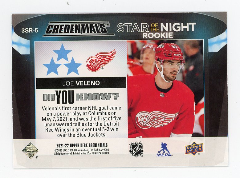 2021-2022 Joe Veleno Star Of The Night Rookie Credentials Detroit Red Wings # 3SR-5