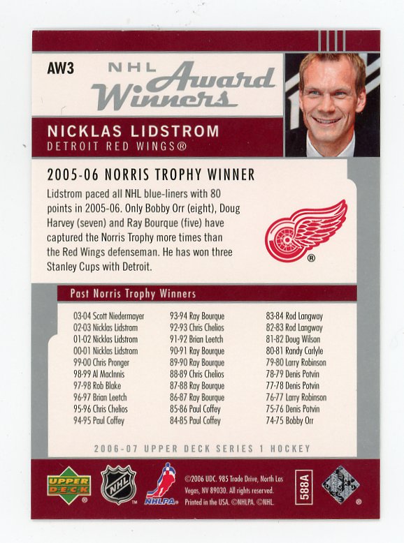 2006-2007 Nicklas Lidstrom Award Winners Upper Deck Detroit Red Wings # AW-3