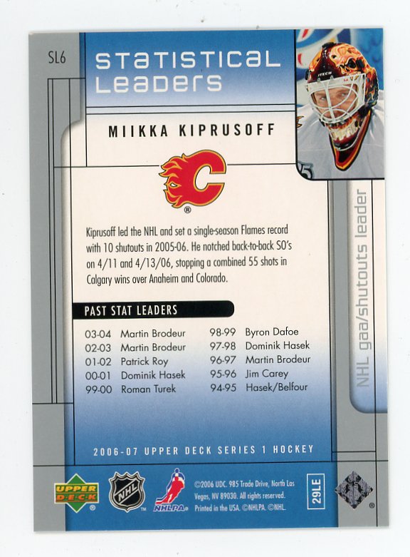 2006-2007 Miikka Kiprusoff Statistical Leaders Upper Deck Calgary Flames # SL6
