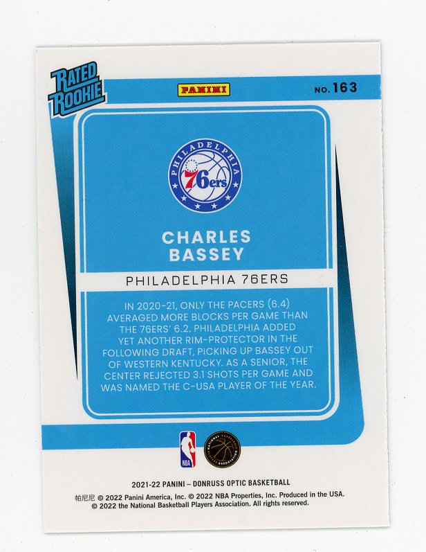 2021-2022 Charles Bassey Rated Rookie Donruss Optic Philadelphia 76ers # 163