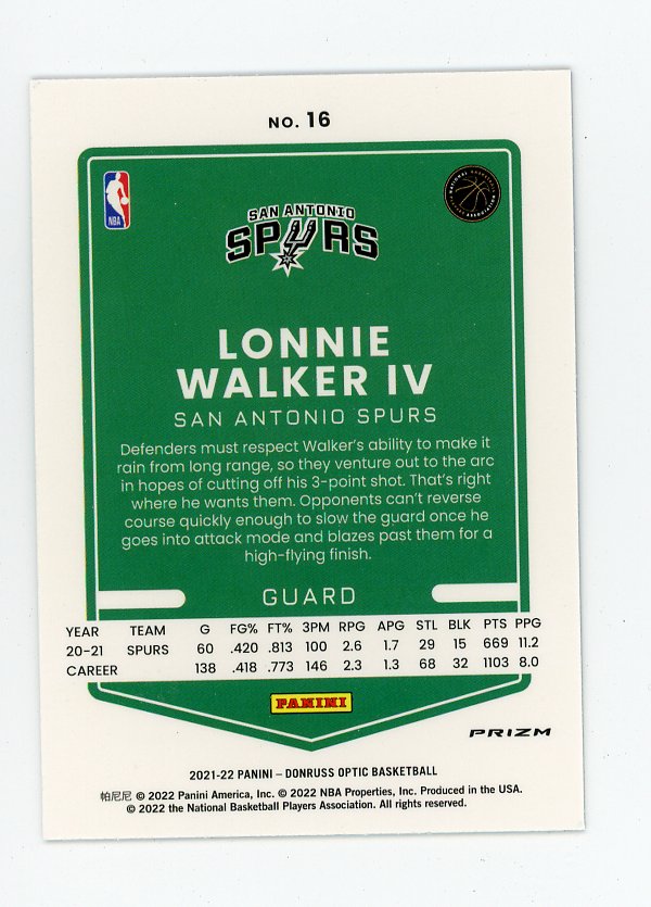 2021-2022 Lonnie Walker IV Blue Laser Donruss Optic San Antonio Spurs # 16