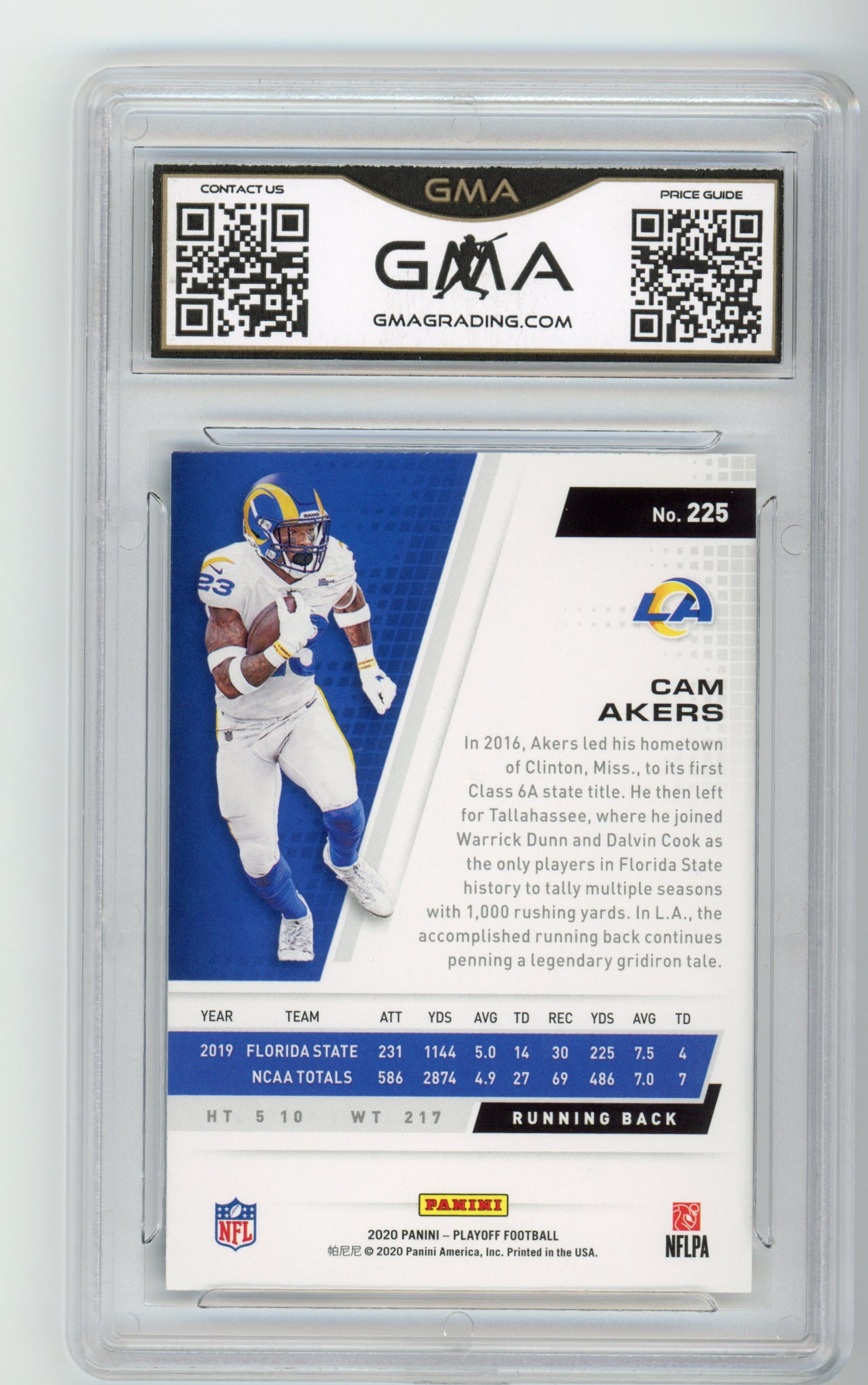 2020 Playoff Cam Akers #225 Rookie Los Angeles Rams GMA 10 Gem Graded