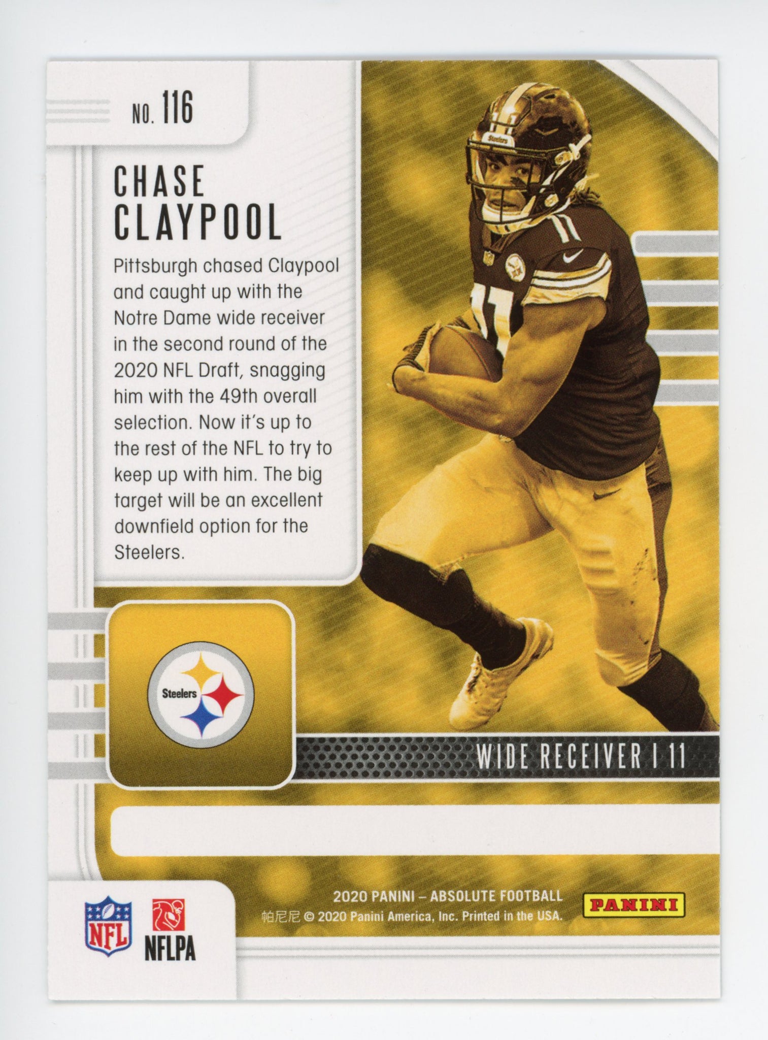 2020 Panini Absolute Football Chase Claypool Rookie Pittsburgh Steelers # 116