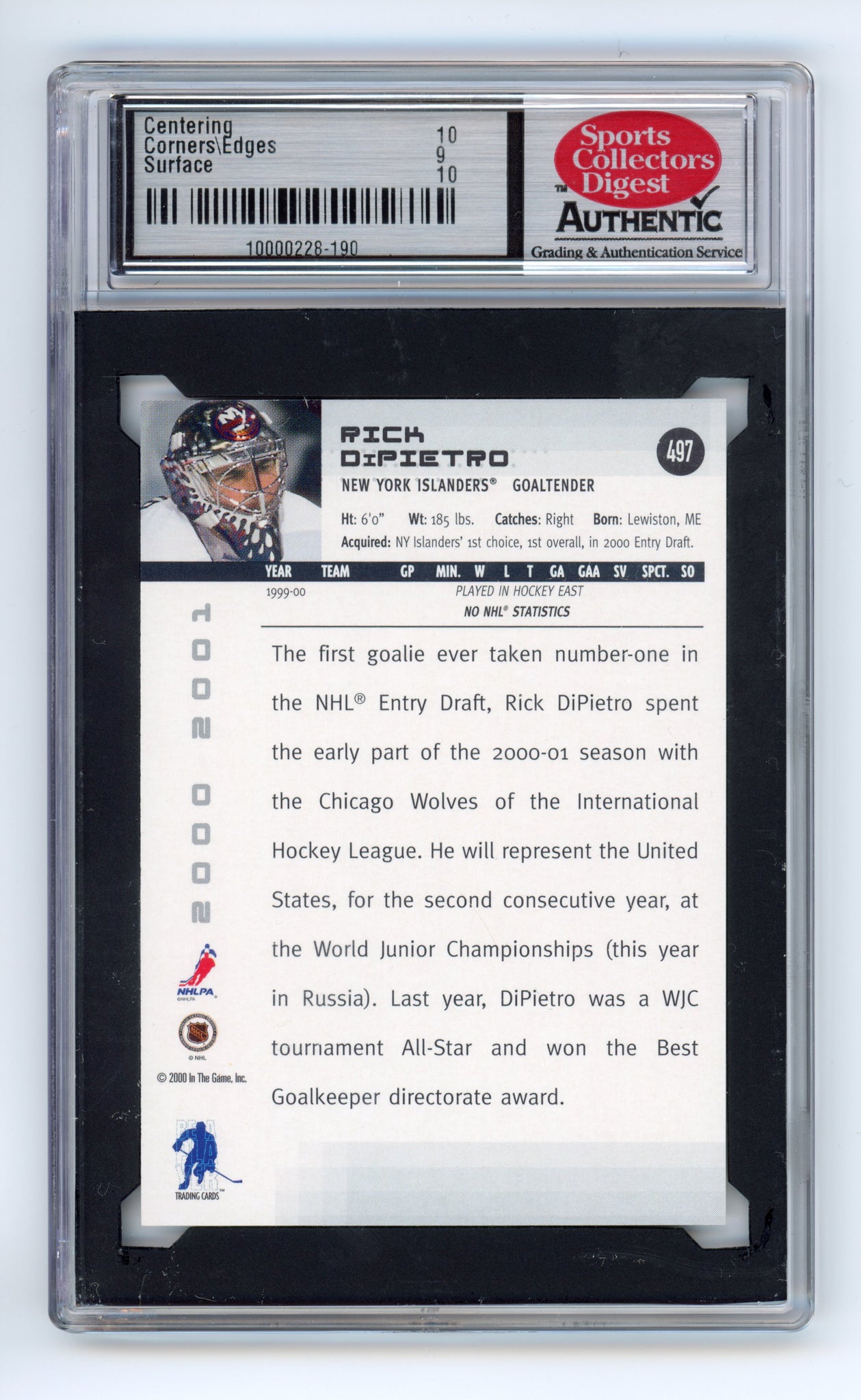 2001-2001 Be A Player Rick Dipietro #497 New York Islanders Graded SCD Mint 9