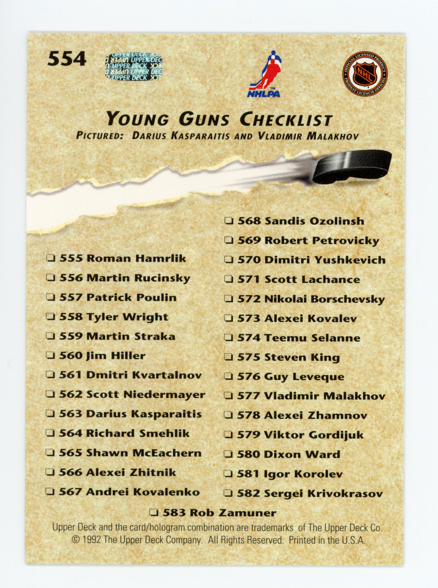 Checklist Upper Deck 1992-1993 Young Guns New York Islanders # 554