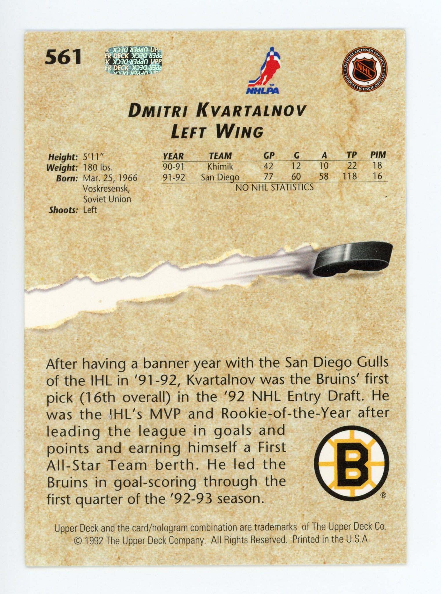 Dmitri Kvartalnov 1992-1993 Upper Deck Young Guns Boston Bruins # 561