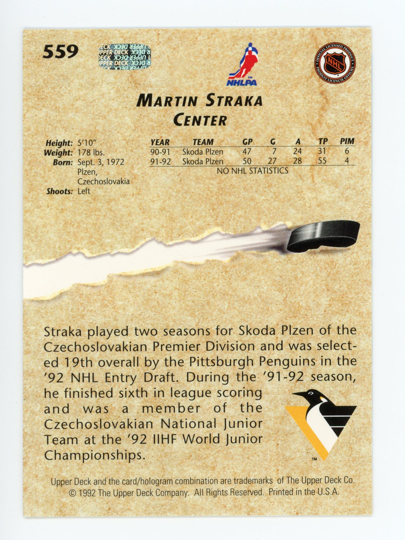 Martin Straka Upper deck 1992-1993 Young Guns Pittsburgh Penguins # 559