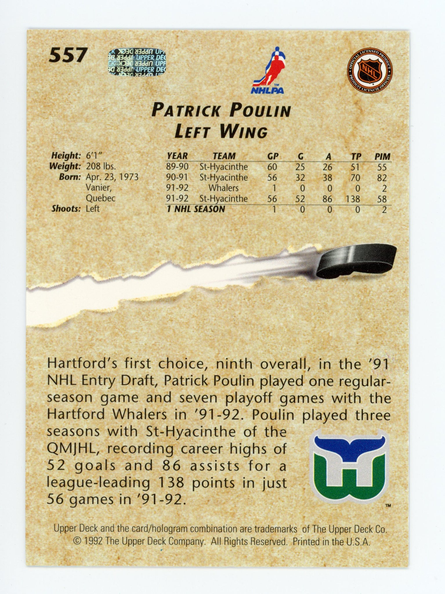 Patrick Poulin Upper Deck 1992-1993 Young Guns Hartford Whalers # 557