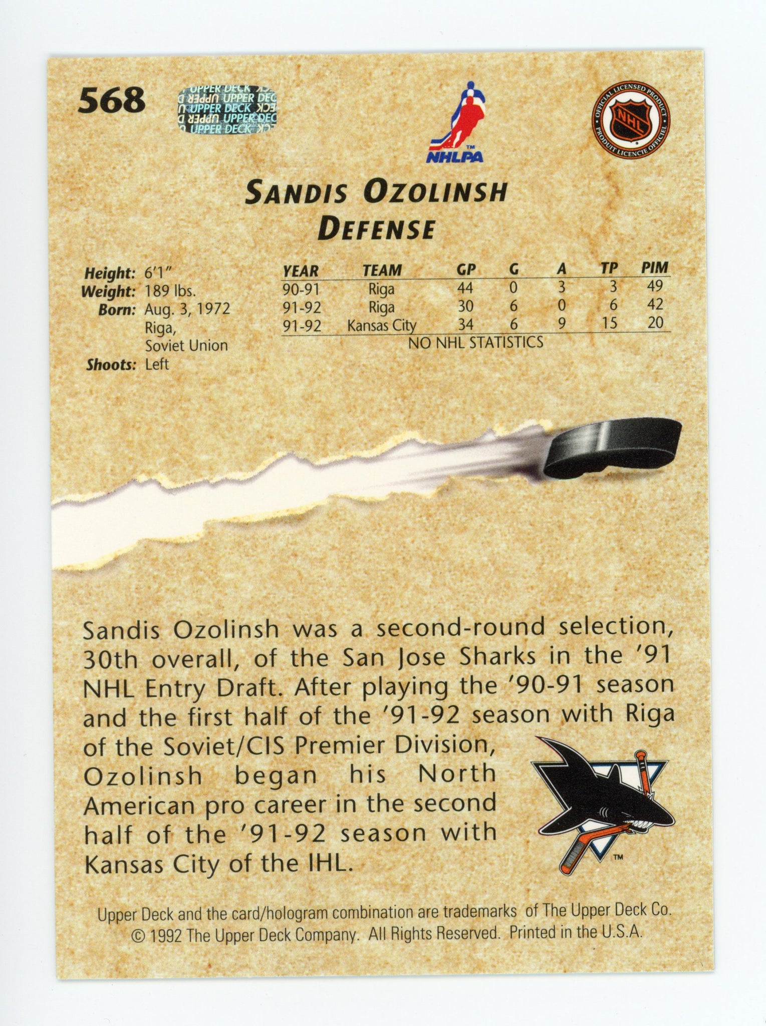 Sandis Ozolinsh Upper Deck 1992-1993 Young Guns San Jose Sharks # 568