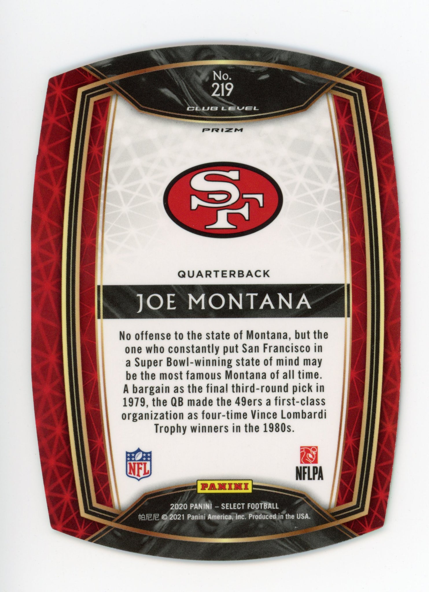 2020-2021 Joe Montana Club Level Panini Select San Fransisco 49ers # 219