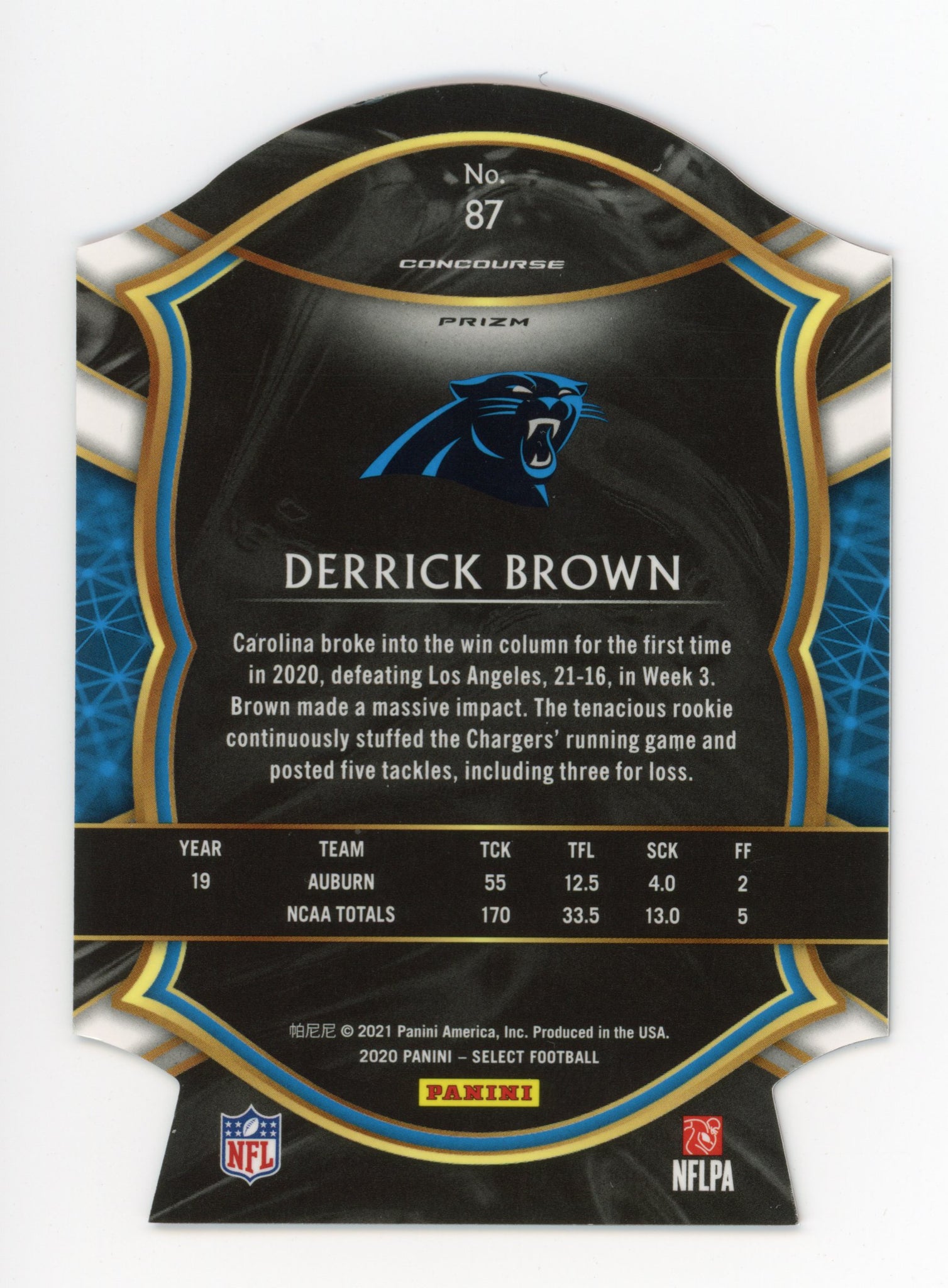 2020-2021 Derrick Brown Die Cut Concourse Carolina Panthers # 87