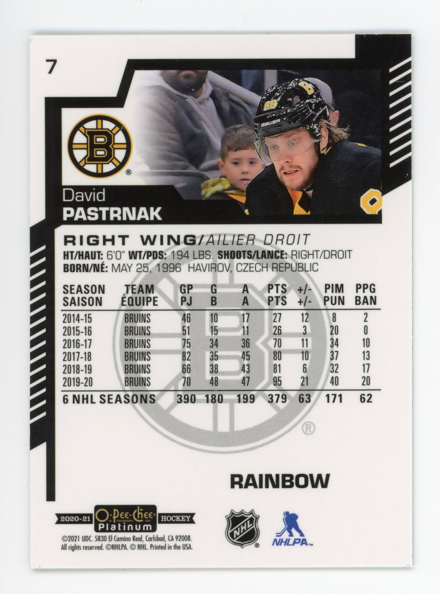 2020-2021 David Pastrnak Rainbow OPC Platinum Boston Bruins # 7
