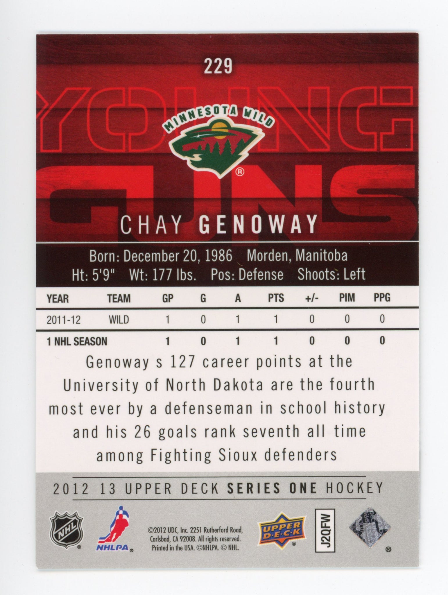 2012-2013 Chay Genoway Young Guns Upper Deck Series 1 Minnesota Wild # 229