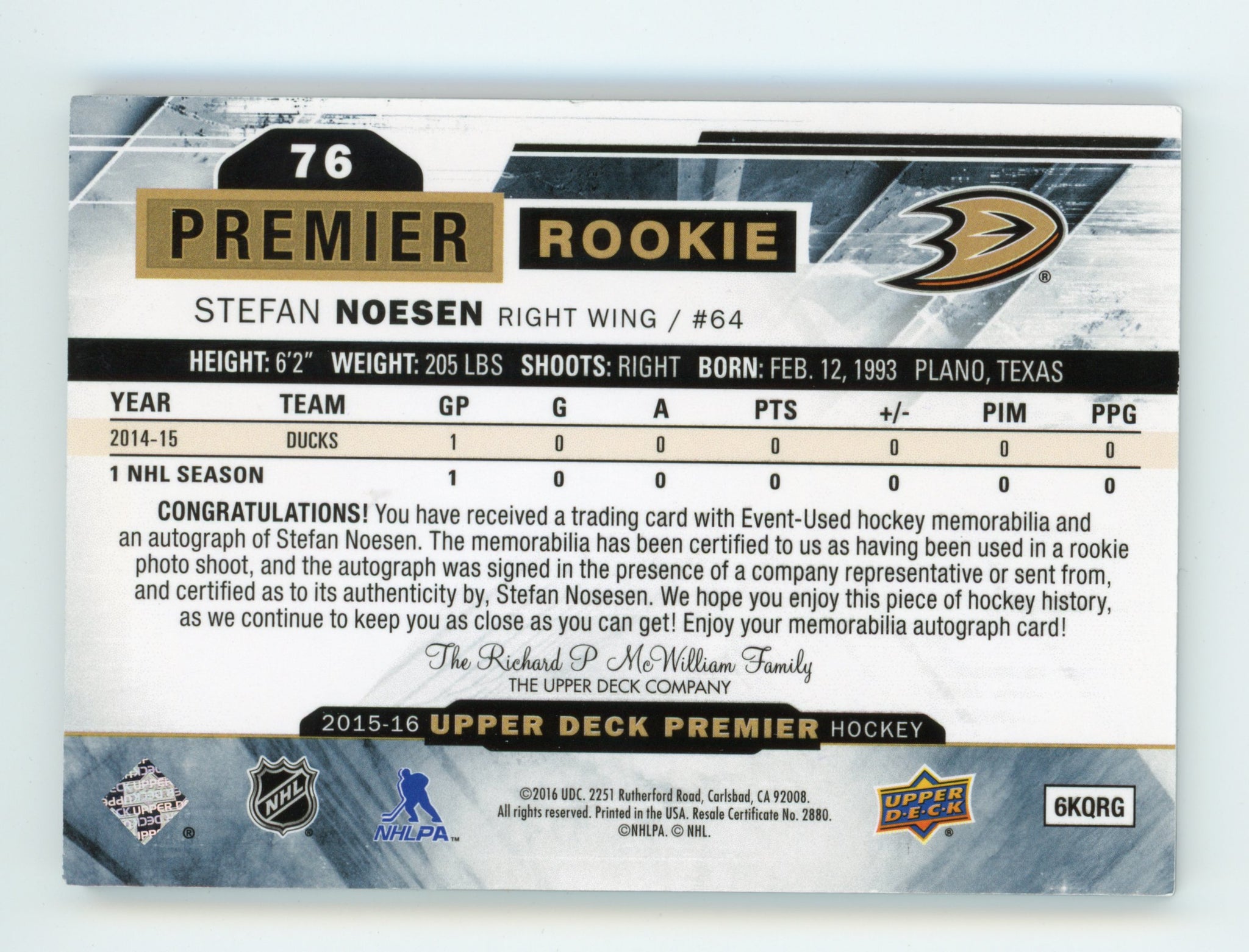 2015-2016 Stefan Noesen RPA #d /65 Premier Anaheim Ducks # 76