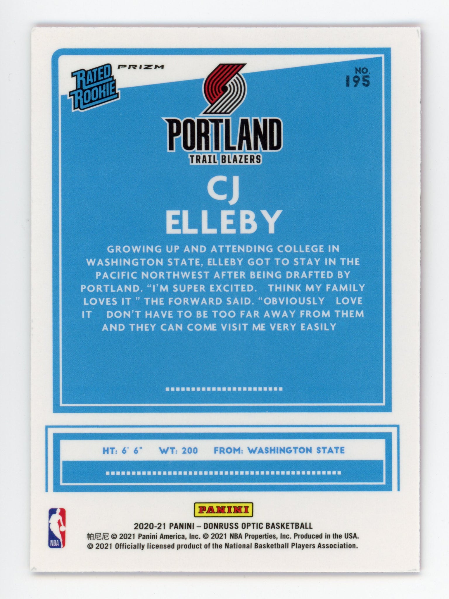 2020-2021 Cj Elleby Rated Rookie Pink Panini Prizm Portland Trail Blazers # 195