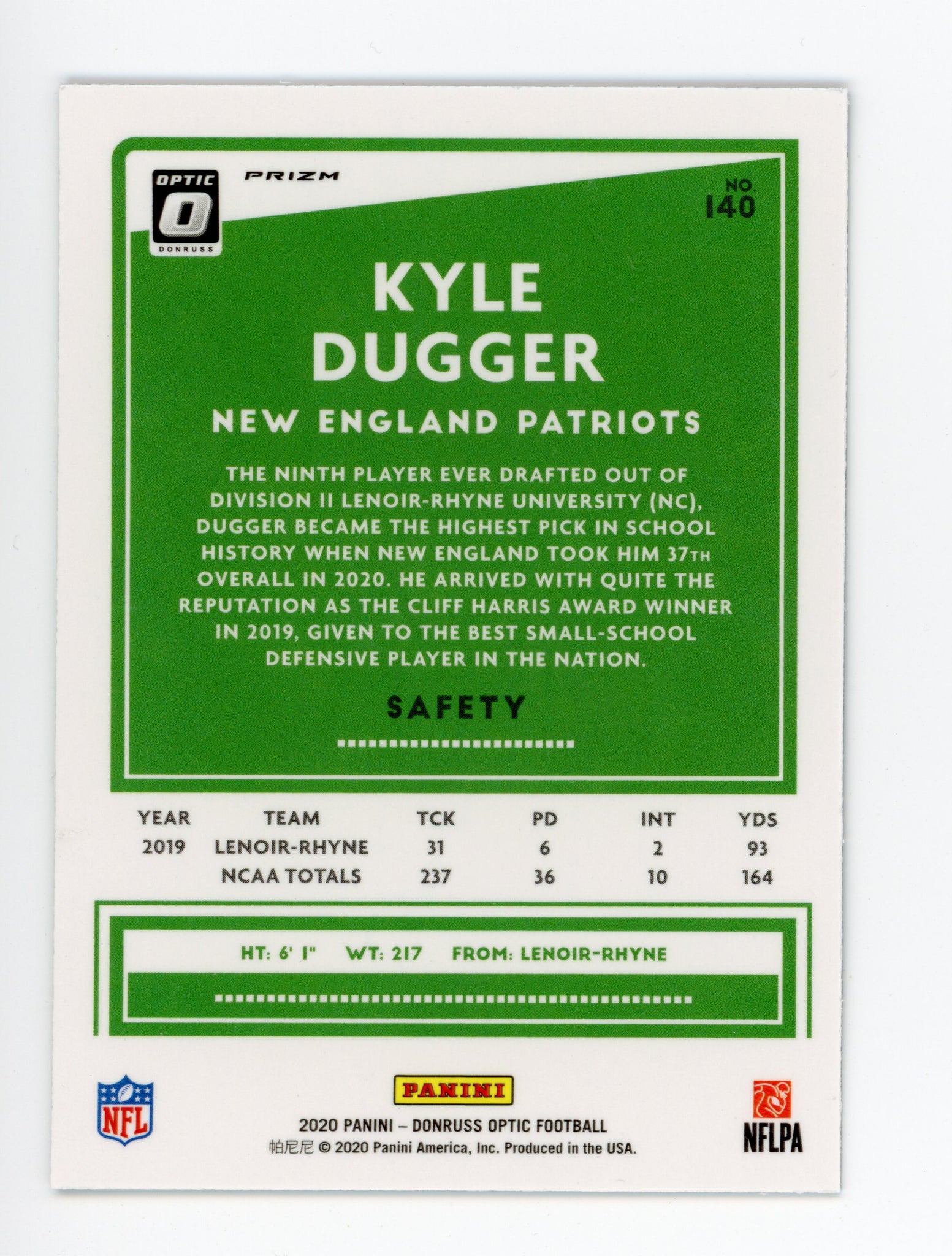 2020 Kyle Dugger Purple Shock Prizm Panini New England Patriots # 140