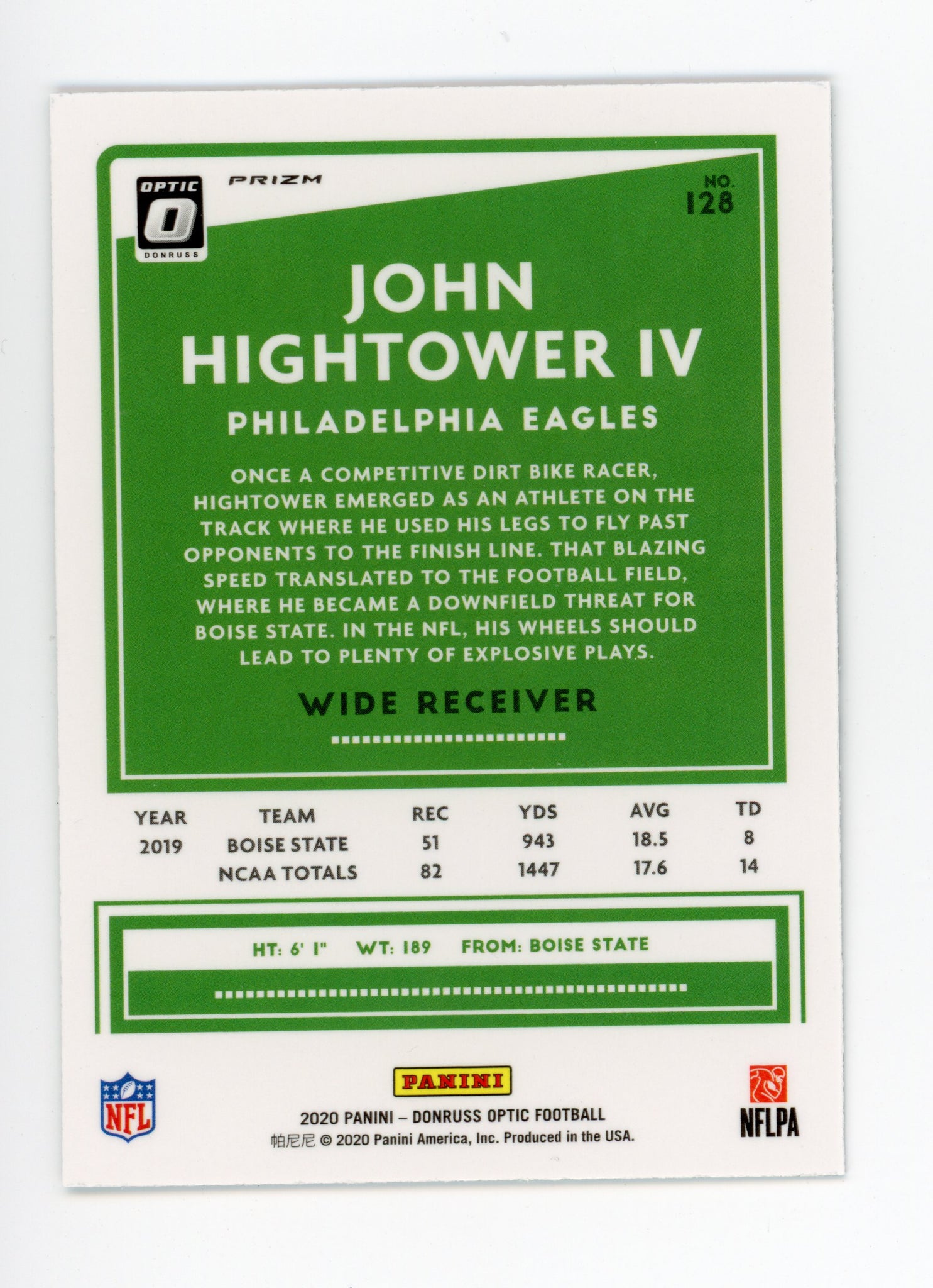 2020 John Hightower IV Prizm Rookie Panini Philadelphia Eagles # 128