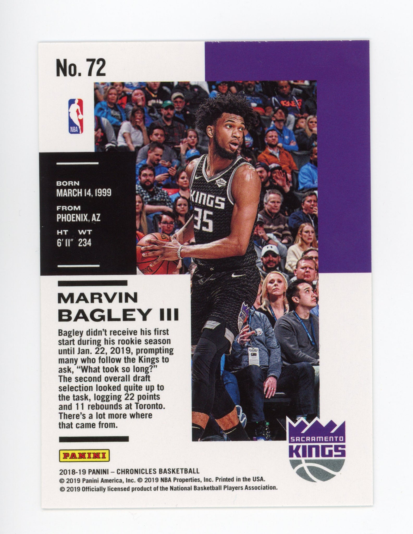 2018-2019 Marvin Bagley III Rookie Chronicles Sacramento Kings # 72