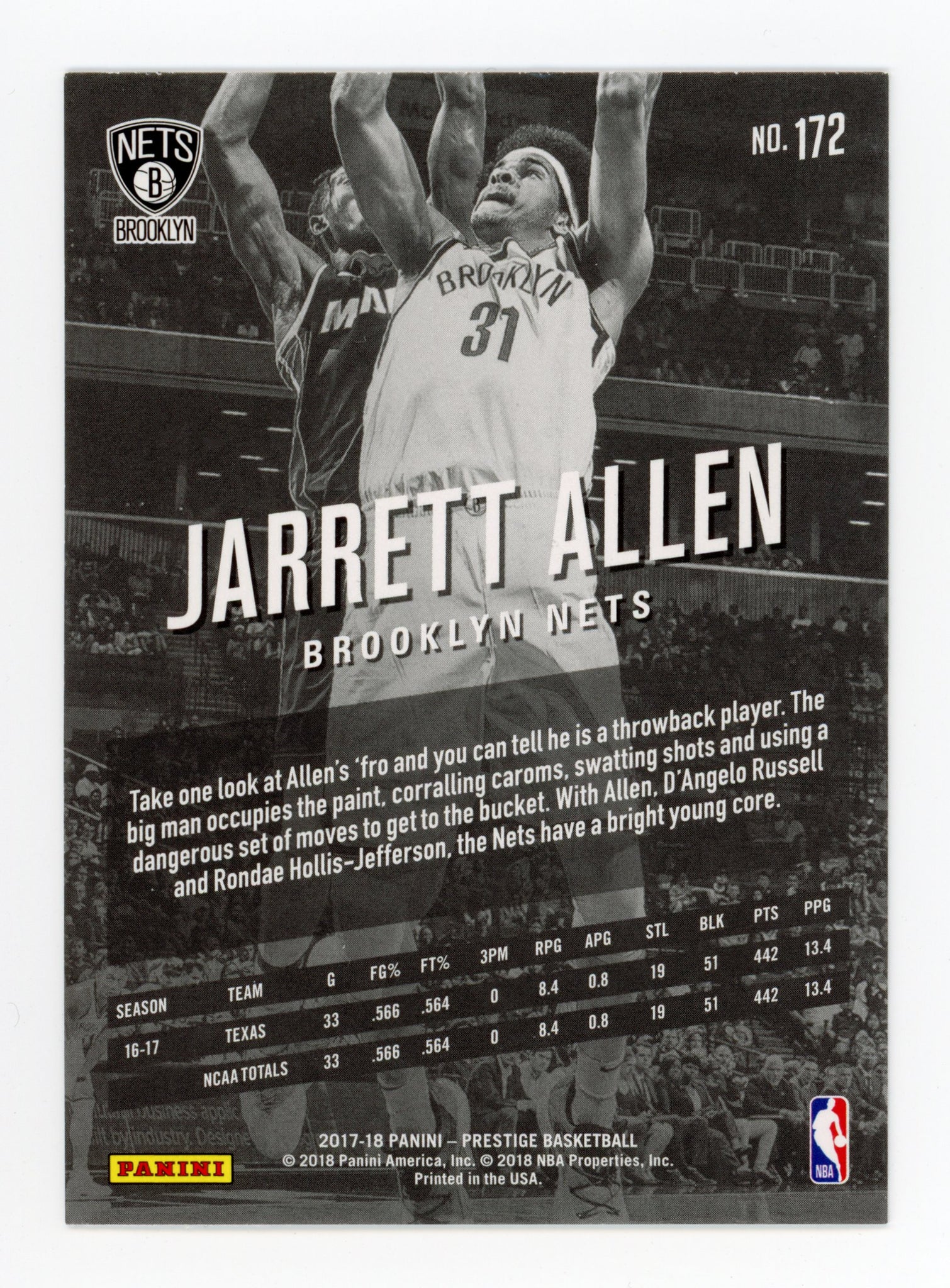 2017-2018 Jarrett Allen Prestige Rookie Panini Brooklyn Nets # 172