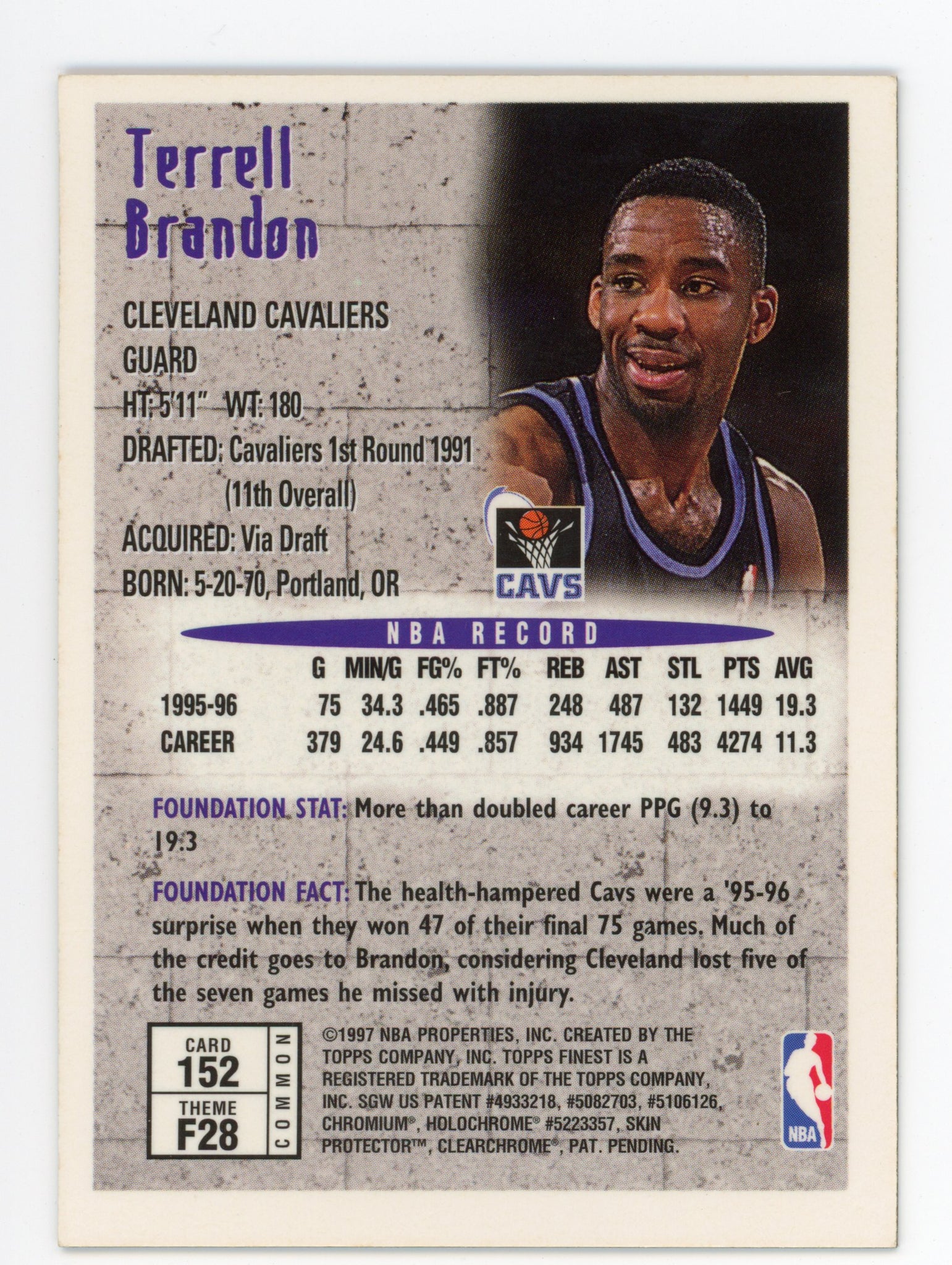 1997 Terrell Brandon Topps Finest Cleveland Cavaliers # 152