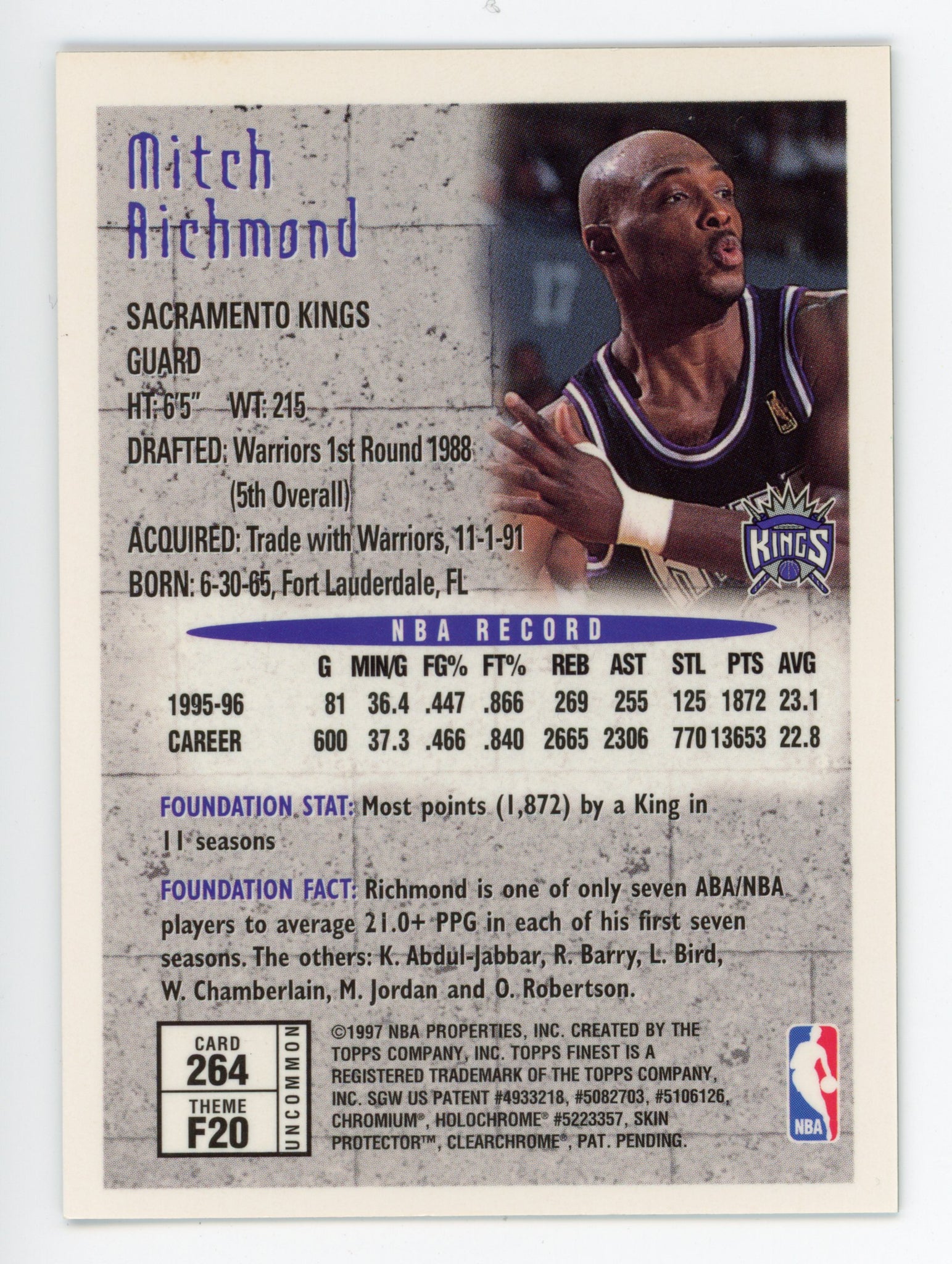 1997 Mitch Richmond Topps Finest Foundations Sacramento Kings # 264