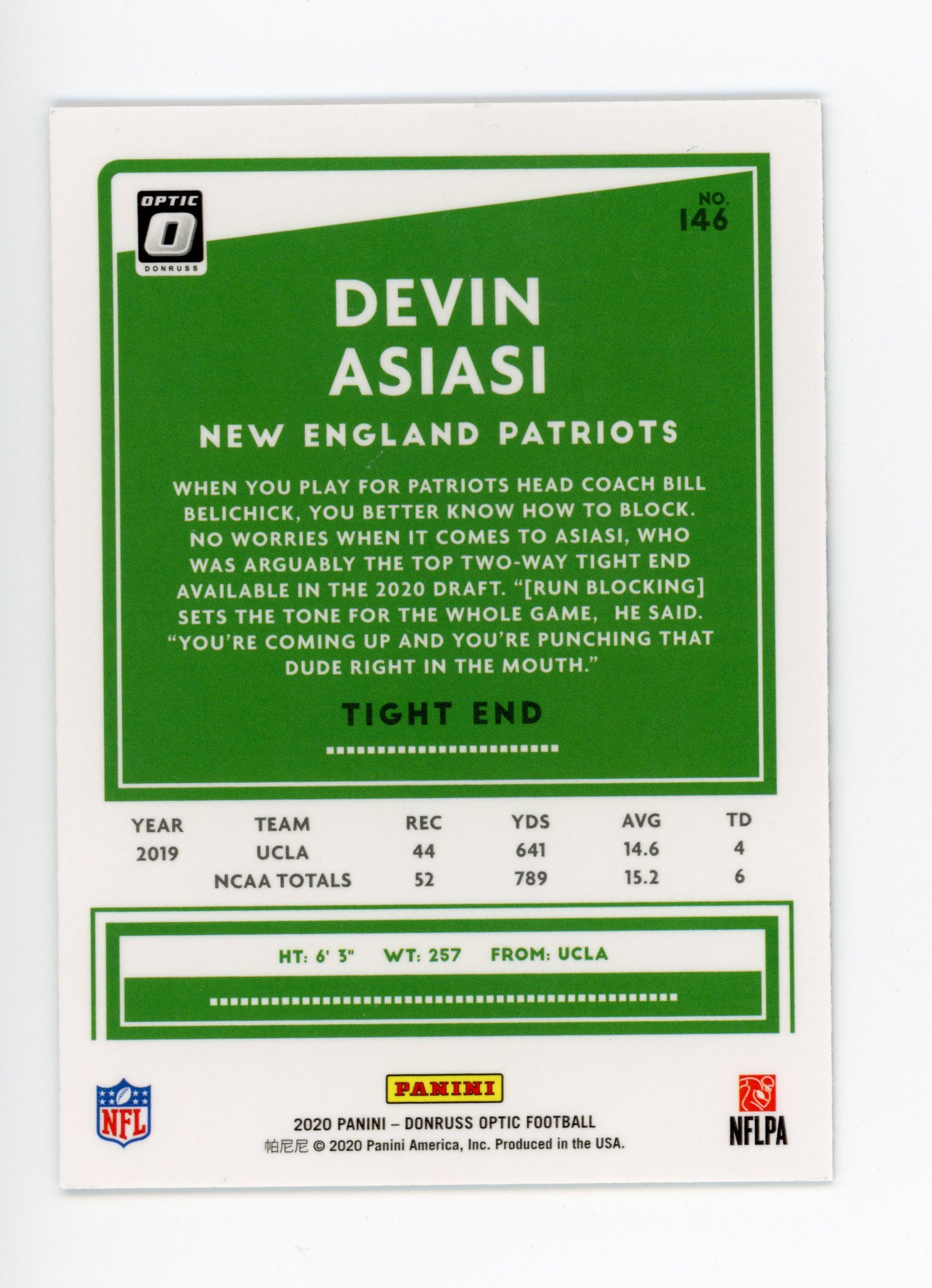 2020 Devin Asiasi Rookie Optic Panini New England Patriots # 146