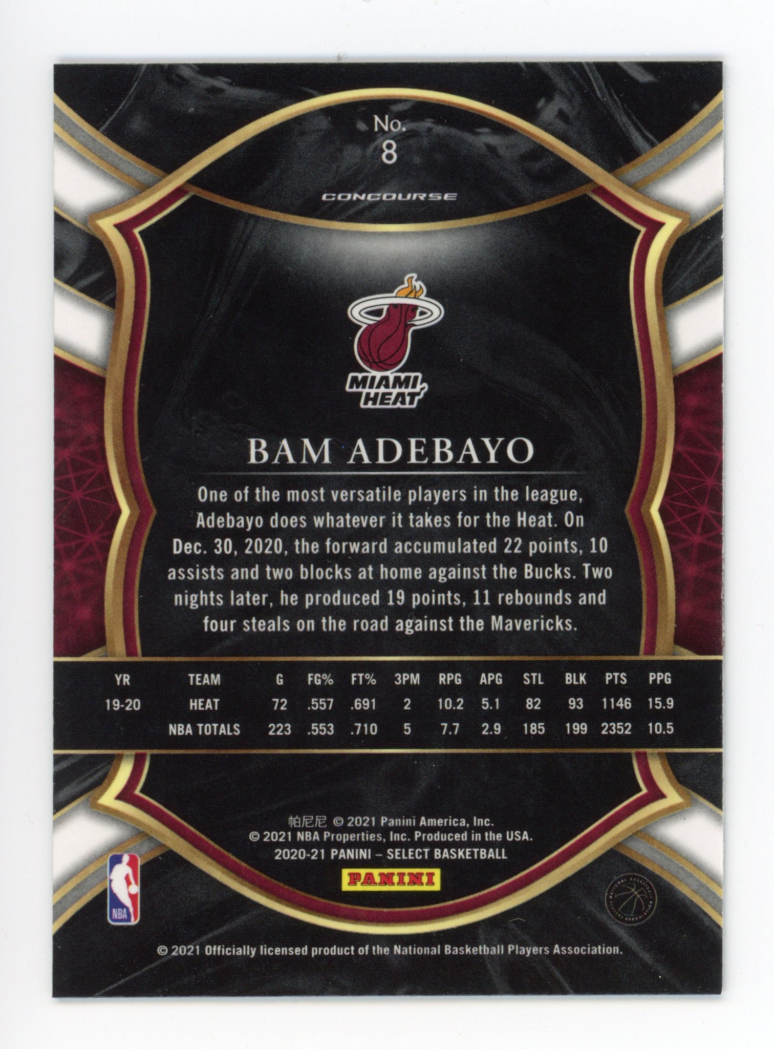 2020-2021 Bam Adebayo Concourse Select Miami Heat # 8