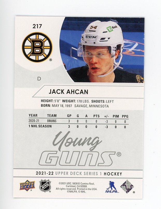 2021-2022 Jack Ahcan Young Guns Upper Deck Series 1 Boston Bruins # 217