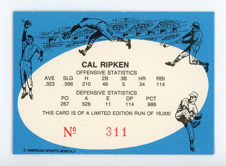 1992 Cal Ripken American Sports Limited Edition Run Baltimore Orioles # 311