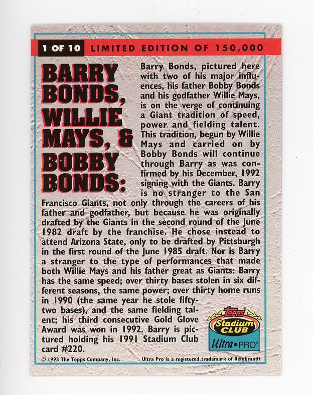 1993 Barry Bonds, Willie Mays & Bobby Bonds Stadium Club Limited Edition San Francisco Giants