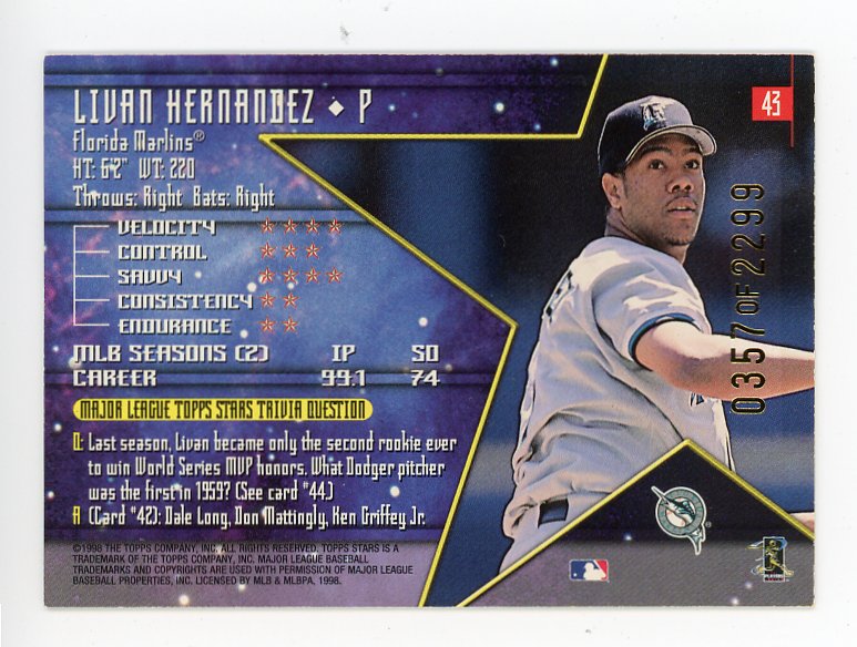 1998 Livan Hernandez MLB Stars #d / 2299 Topps Miami Marlins # 43