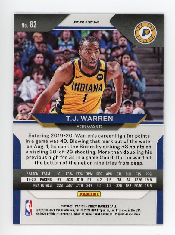 2020-2021 T.J. Warren Silver Prizm Panini Indiana Pacers # 82