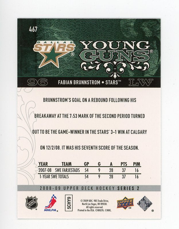 2008-2009 Fabian Brunnstrom Young Guns Upper Deck Dallas Stars # 467