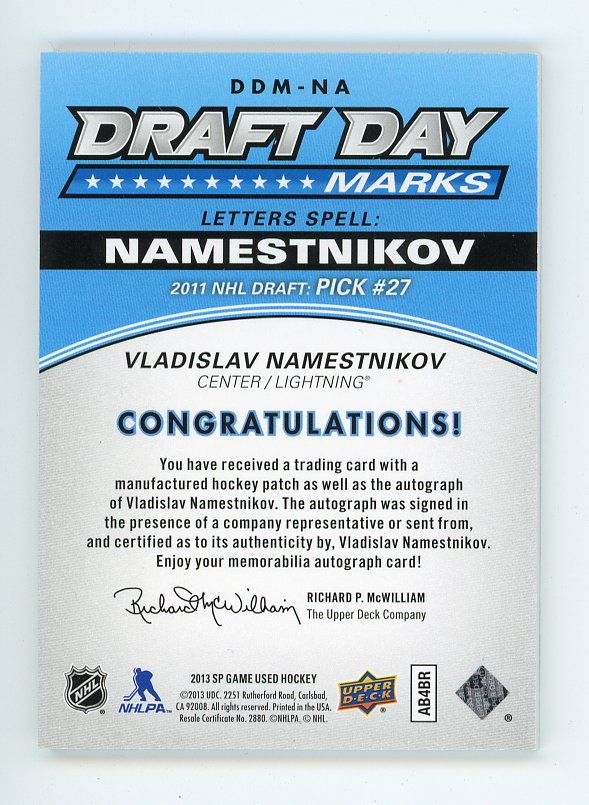 2013 Vladislav Namestnikov Draft Day Marks #D /35 SP Game Used Tampa Bay Lightning # DDM-NA