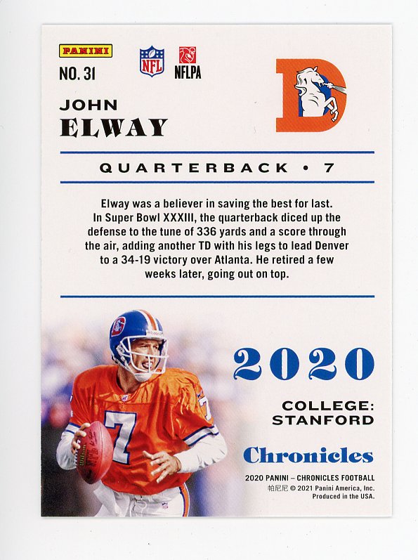 2020 John Elway Pink Chronicles Denver Broncos # 31