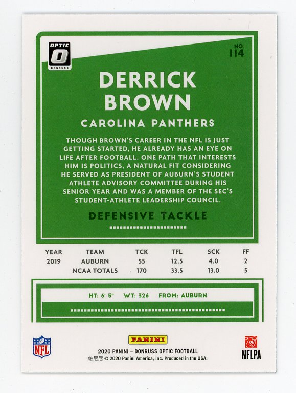 2020 Derrick Brown Rookie Optic Panini Carolina Panthers # 114