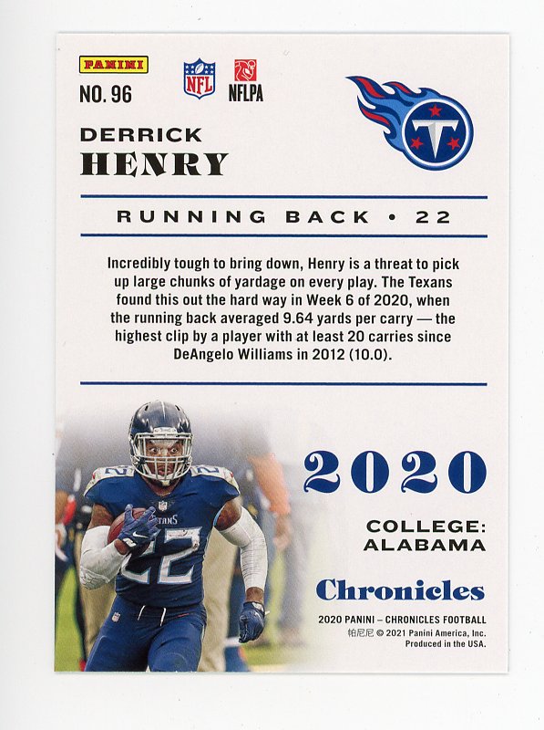 2020 Derrick Henry Pink Chronicles Panini Tennessee Titans # 96