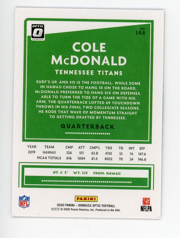 2020 Cole Mcdonald Rookie Optic Panini Tennessee Titans # 148