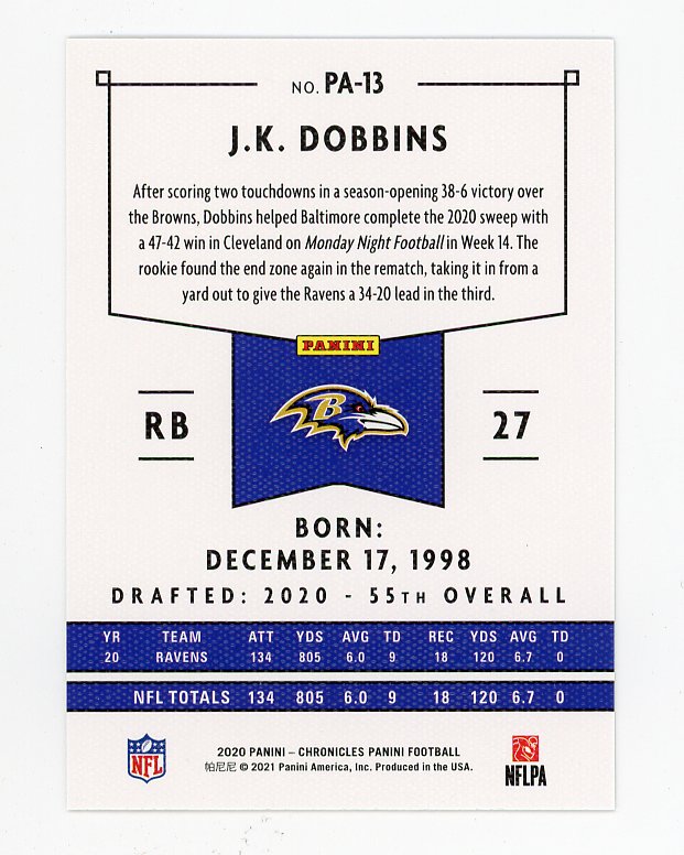 2020 J.K. Dobbins Rookie Pink Chronicles Panini Baltimore Ravens # PA-13