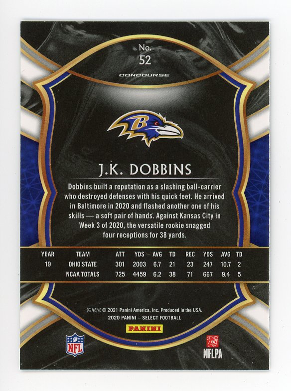 2020 J.K. Dobbins Rookie Concourse Select Panini Baltimore Ravens # 52