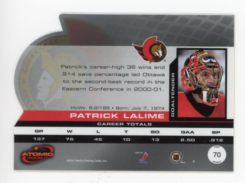 2002 Patrick Lalime Die Cut Atomic Ottawa Senators # 70