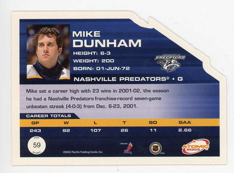 2003 Mike Dunham Die Cut Atomic Nashville Predators # 59
