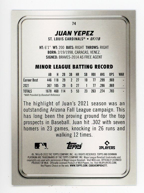 2022 Juan Yepez Rookie Bowman Platinum St.Louis Cardinals # 74