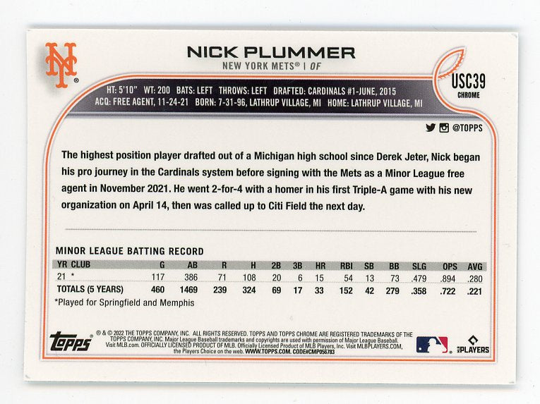 2022 Nick Plummer Rookie Topps Chrome New York Mets # USC39