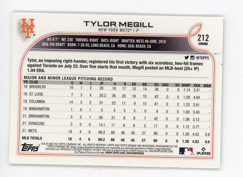 2022 Tylor Megill Rookie Topps Chrome New York Mets # 212